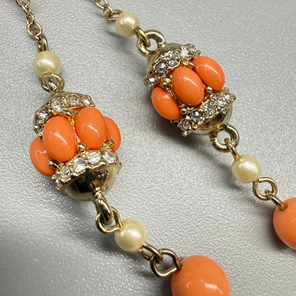 Banana Republic Orange Bead and Faux Pearl Station Necklace 34" Long